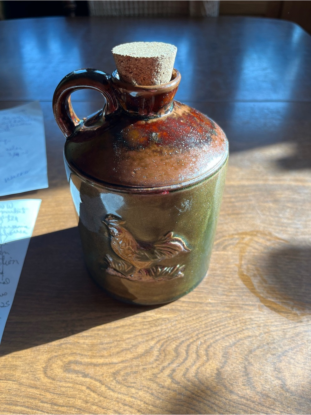 Glazed Ceramic Crock Jug with Cork Stopper - Green/Brown